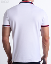 Back View of the LOTUS WHITE Premium Cotton Polo Shirt for Men in solid white with blue and red stripes on ribbed-knit collar and cuffs. The short-sleeve classic polo shirt is designed by DC2 in Miami.