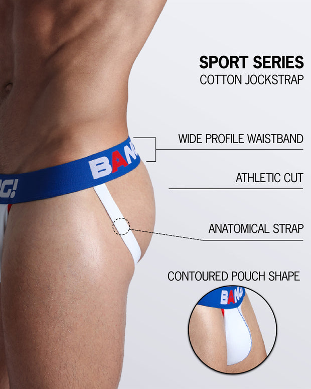 An infographic displays the premium quality of the Cotton Jockstrap Sport Series. It features a wide profile waistband, athletic cut, contoured pouch shape, and an anatomical strap.