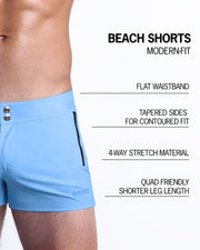 Infographic displaying the contemporary fit of BANG! Clothes Beach Shorts. These shorts feature a flat waistband, contoured tapered sides, 4-way stretch material, and a shorter leg length designed to provide a comfortable and stylish fit, particularly accommodating for the quads.