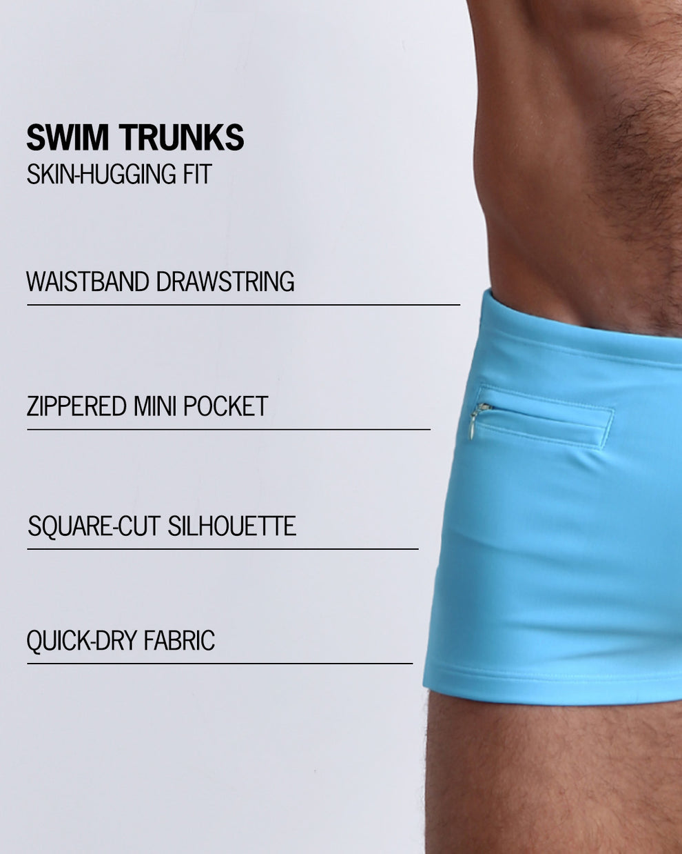 Infographic explaining the Brazilian Men's Swim Sunga remixed by BANG! These Swim Sunga are easy around the waist, are mid-length waist coverage, are tight aroung the legs, and have contoured-shape pouch.