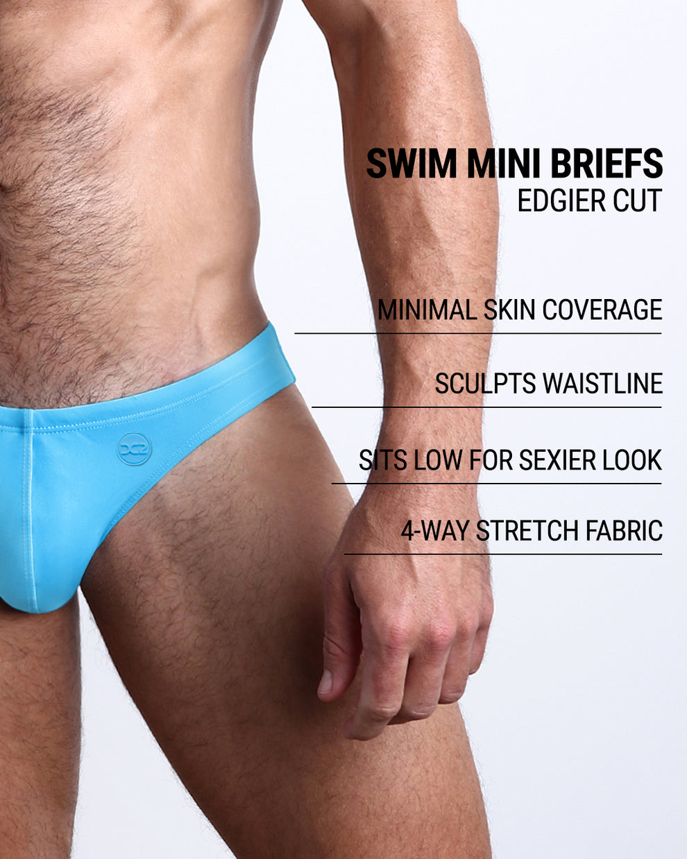 Product details graphic of Magnet Blue Swim Mini Briefs — showcasing edgier cut, 4-way stretch fabric, and minimal skin coverage.