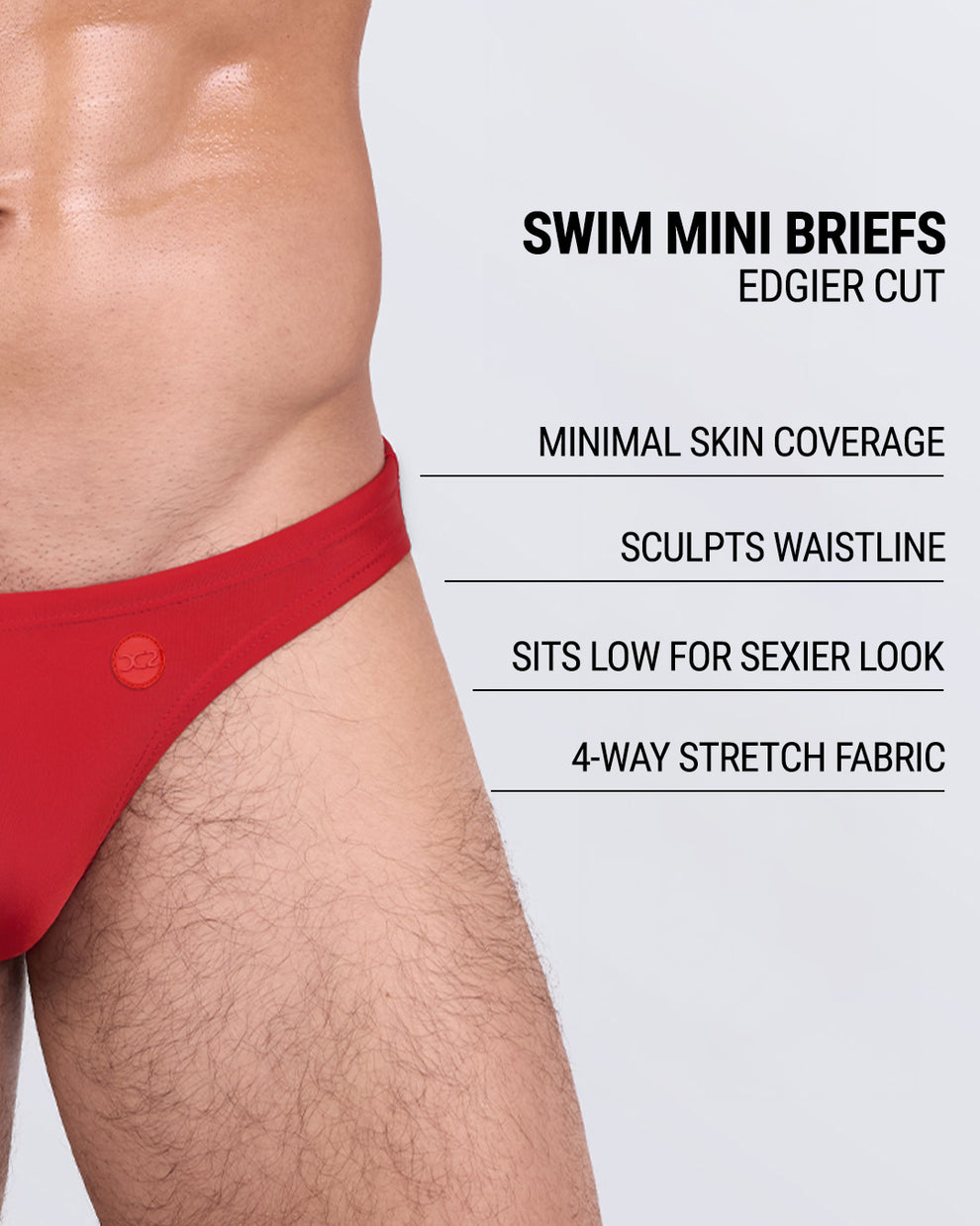 Product details graphic of Majestic Red Swim Mini Briefs — showcasing sculpted cut, 4-way stretch, and minimal coverage.