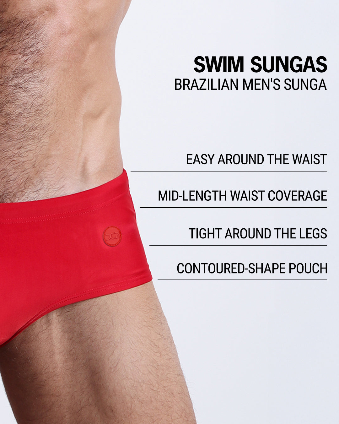 Product details of DC2 Majestic Red Swim Sunga — highlighting mid-length waist, contoured pouch, tight leg fit, and signature DC2 logo.