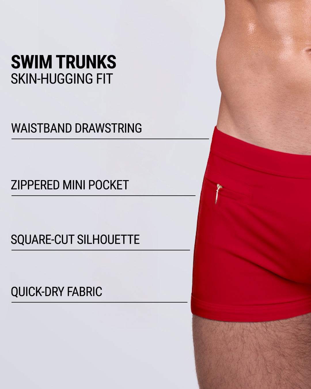 Product details graphic of MAJESTIC RED Swim Trunks — showcasing waistband drawstring, zippered mini pocket, square-cut silhouette, and quick-dry fabric.