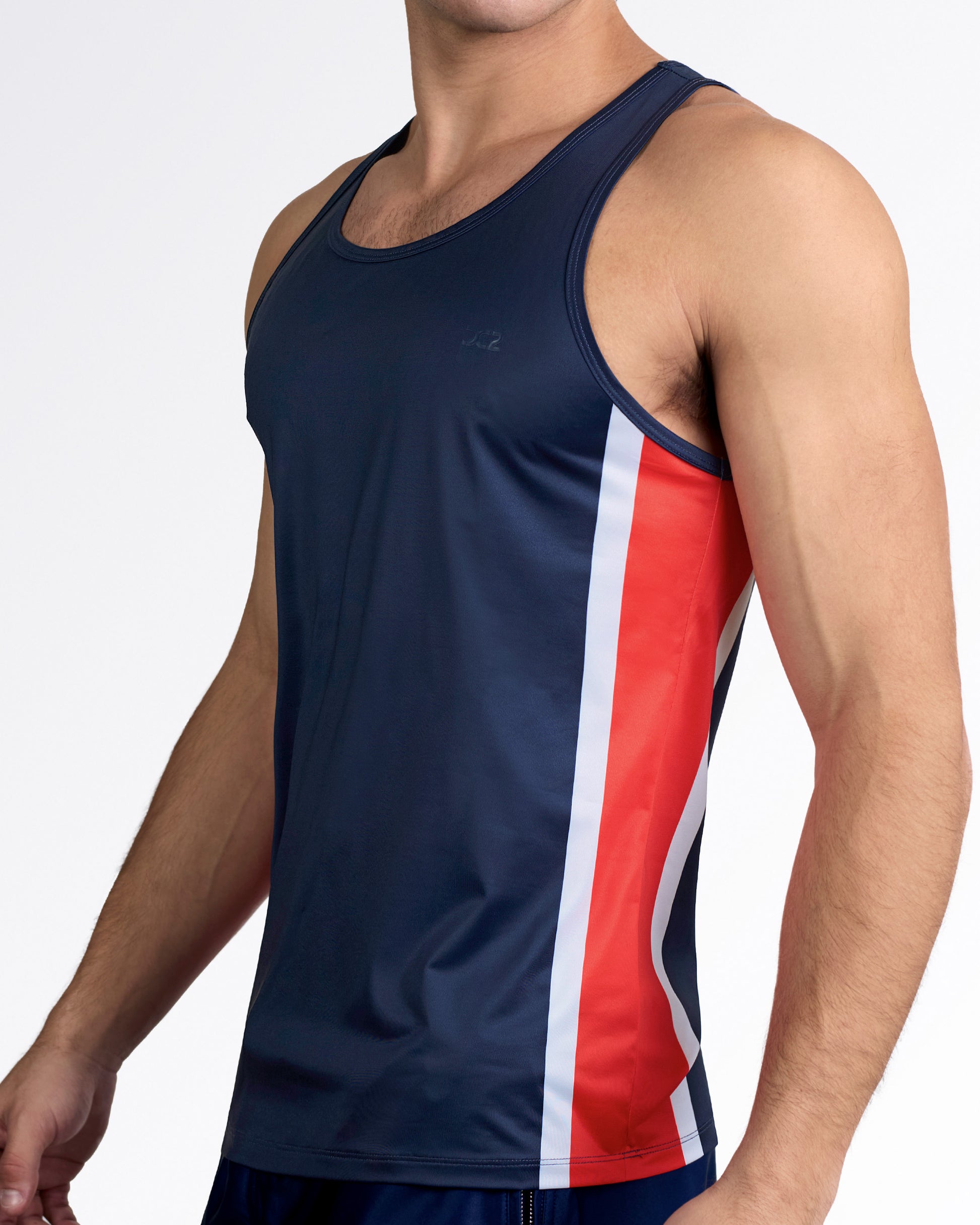 DC2 Maritime Gym Tank Top — angled side view highlighting bold red color-block panel with white stripe detail and athletic tailored fit.