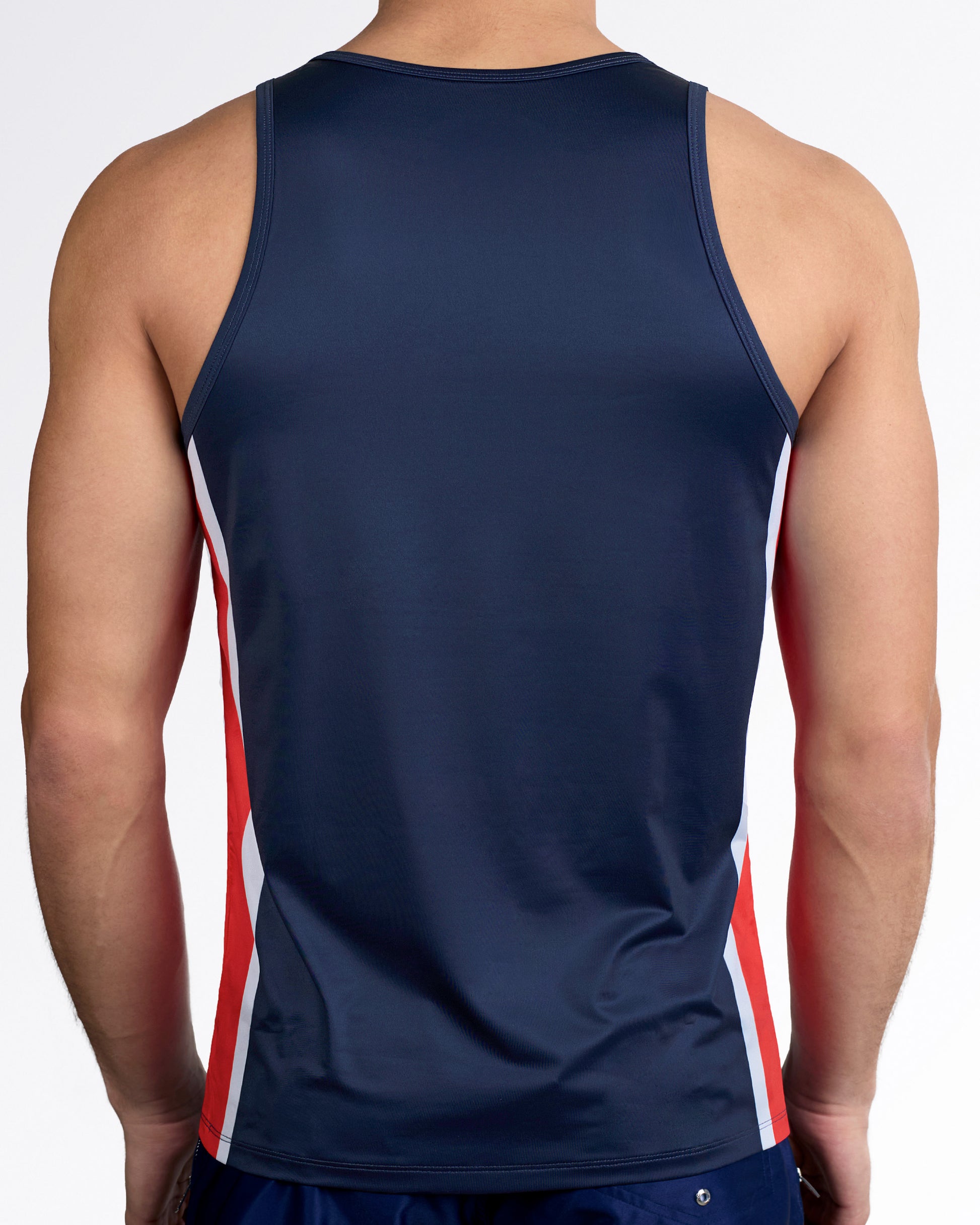 DC2 Maritime Gym Tank Top — back view showcasing solid navy panel with racerback cut and streamlined silhouette.