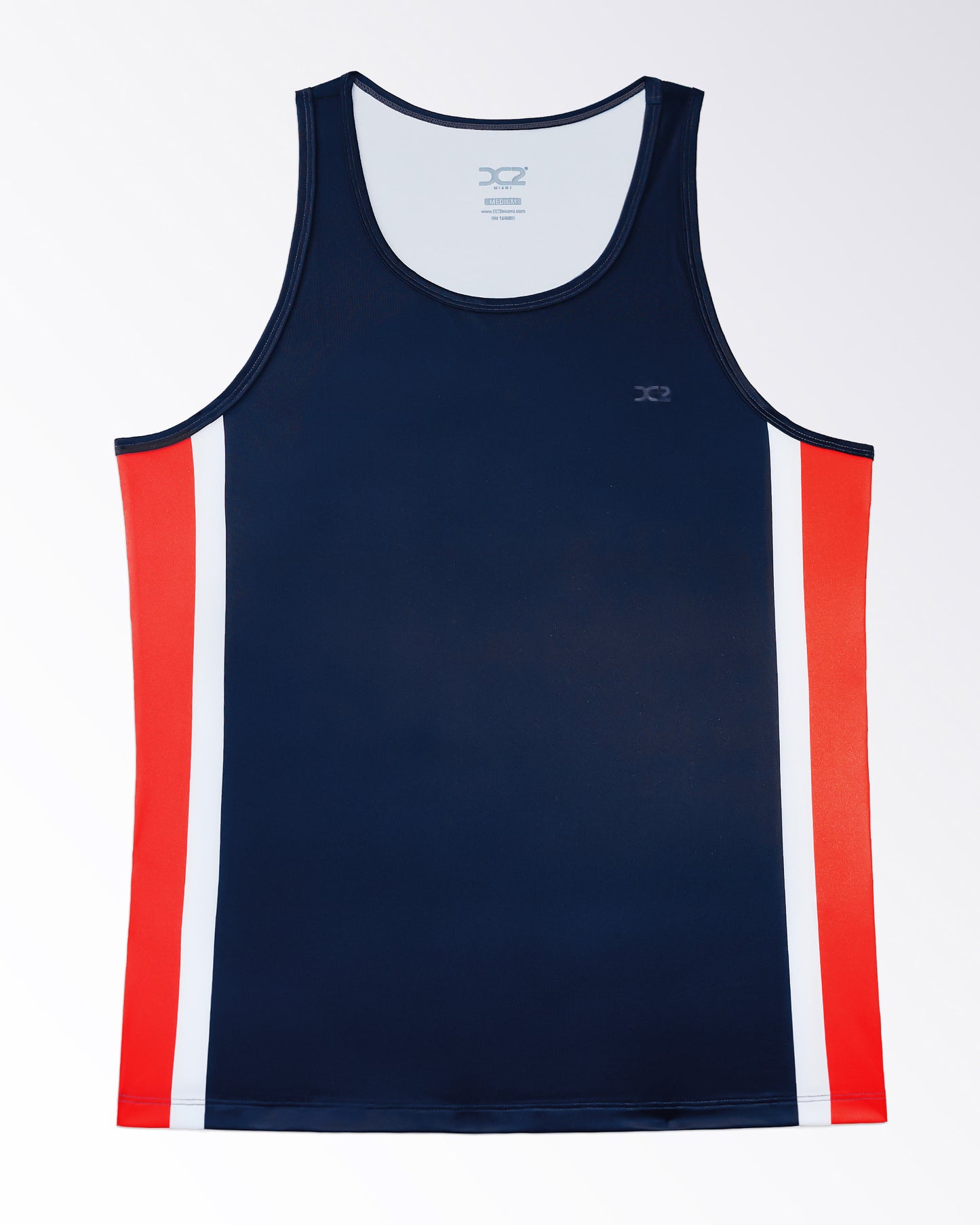 Product detail of DC2 Maritime Gym Tank Top — flat lay view displaying contrast red and white side panels, smooth stretch performance fabric, and clean neckline finish.