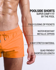 Infographic explaining  DC2's Poolside Shorts the "showiest" beach shorts. These shorts have drawstring fastening, deep slip pockets, 4-way stretch material, and quad friendly shorter leg length. 