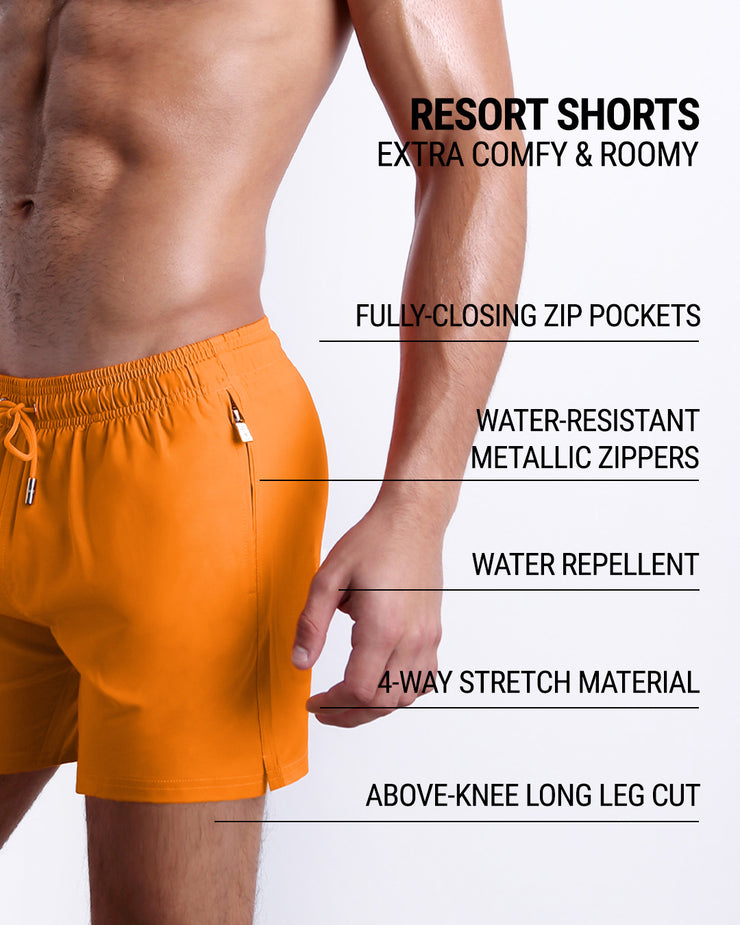 Infographic explaining how extra comfy and roomy Resort Shorts. They have drawstring fastening, premium quality fabric, water repellent, 4-way stretch material features of the resort shorts. 