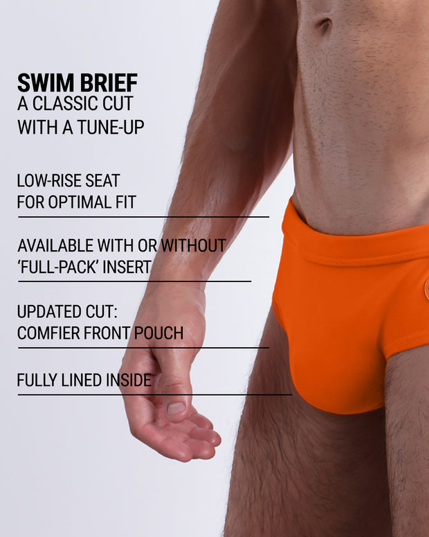 Infographic explaining the classic cut with a tune-up MATCH POINT ORANGE Swim Brief by DC2. These men swimsuit is low-rise seat for optimal fit, available with or without &
