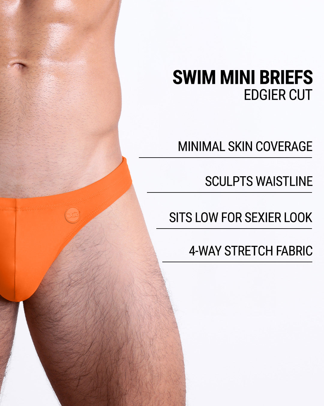 Infographic explaining the edgier cut of the Swim Mini Briefs. Features sculpt waistline, 4-way stretch fabric, sits low for sexier look, and has quick-dry material.