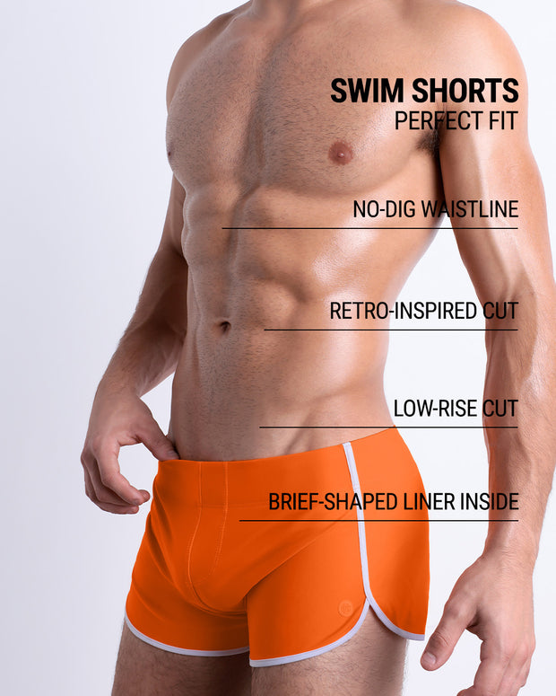 These infographics illustrate the features of the new DC2 Swim Shorts in MATCH POINT ORANGE. They have a retro-inspired cut, a low-rise design, and a brief-shaped liner inside, while the no-dig waistline ensures maximum comfort.