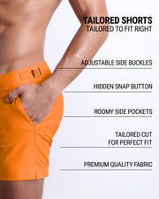 Infographic explaining the Tailored Shorts features and how they're tailored to fit every body form. They have hidden snap button with zipper, adjustable side buckles, and hidden snap button with zipper premium quality beach shorts for men.