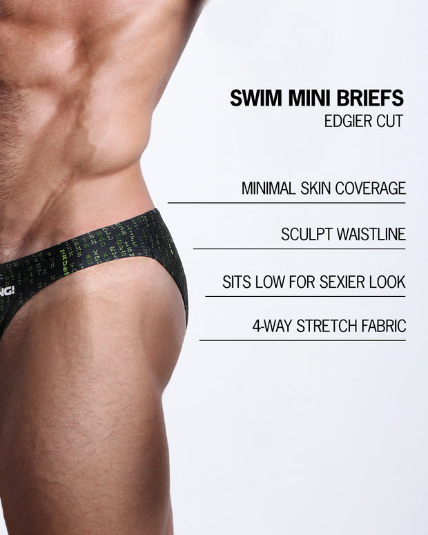 Infographic explaining the features of the MATRIX Swim Mini Brief made by BANG! Clothes. These edgier cut mens swimsuit are minimal skin coverage, sculpts waistline, sits low for sexier look, and 4-way stretch fabric.
