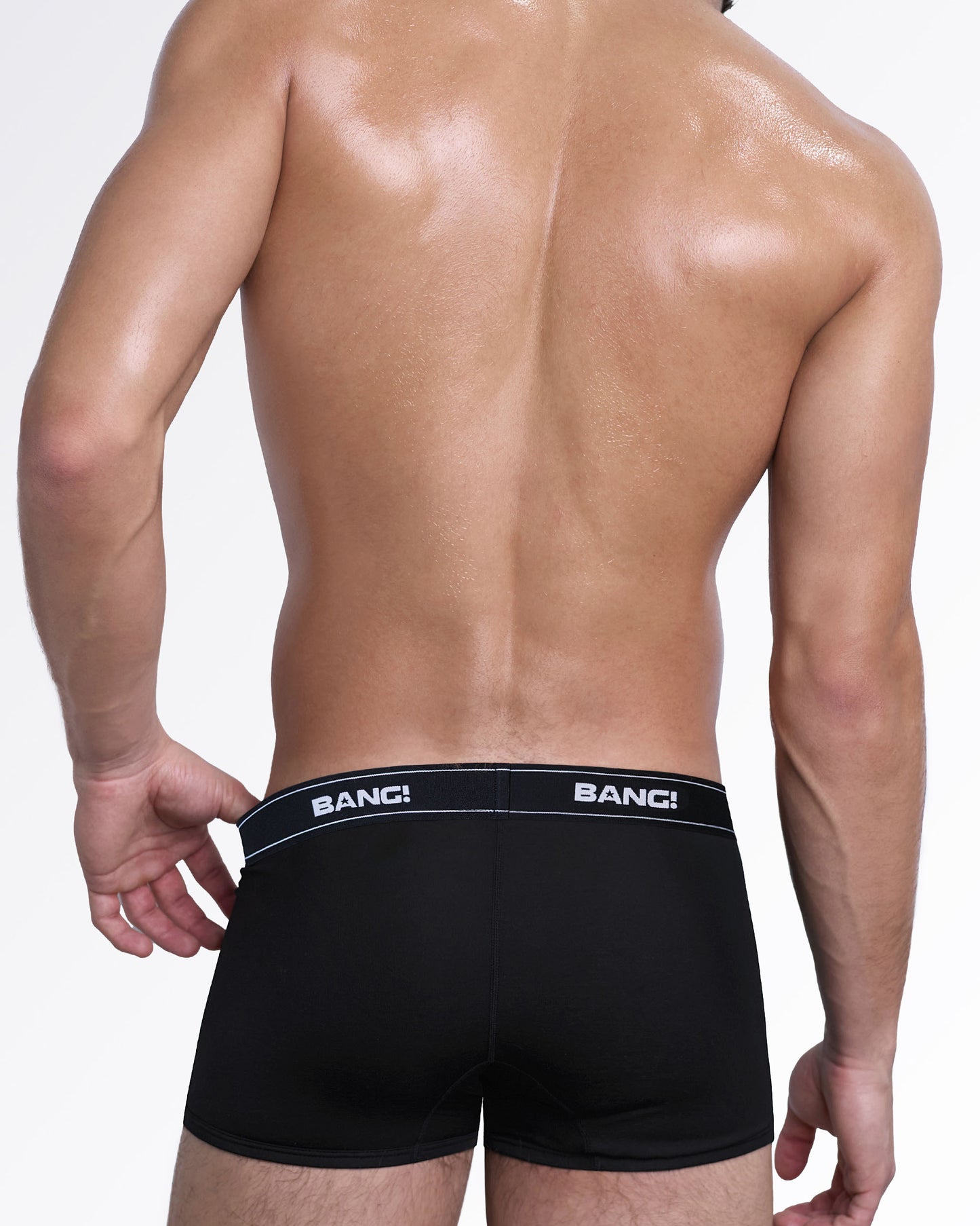Back view of the Skin Soft Max Black boxer briefs by BANG! Miami featuring smooth full coverage, premium modal cotton fabric, and a flexible logo waistband.