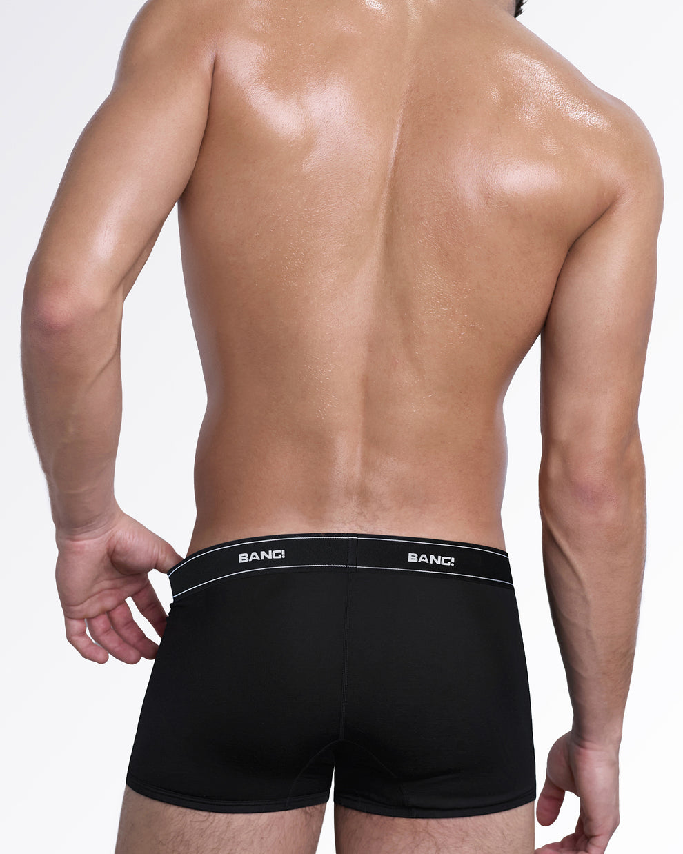 Back view of the Skin Soft Max Black boxer briefs by BANG! Miami featuring smooth full coverage, premium modal cotton fabric, and a flexible logo waistband.