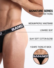 An infographic displays the premium quality of the signature Cotton Thong. It features a medium-profile waistband, low-rise seat, silky soft cotton blend, and Y-shape thong at the back.