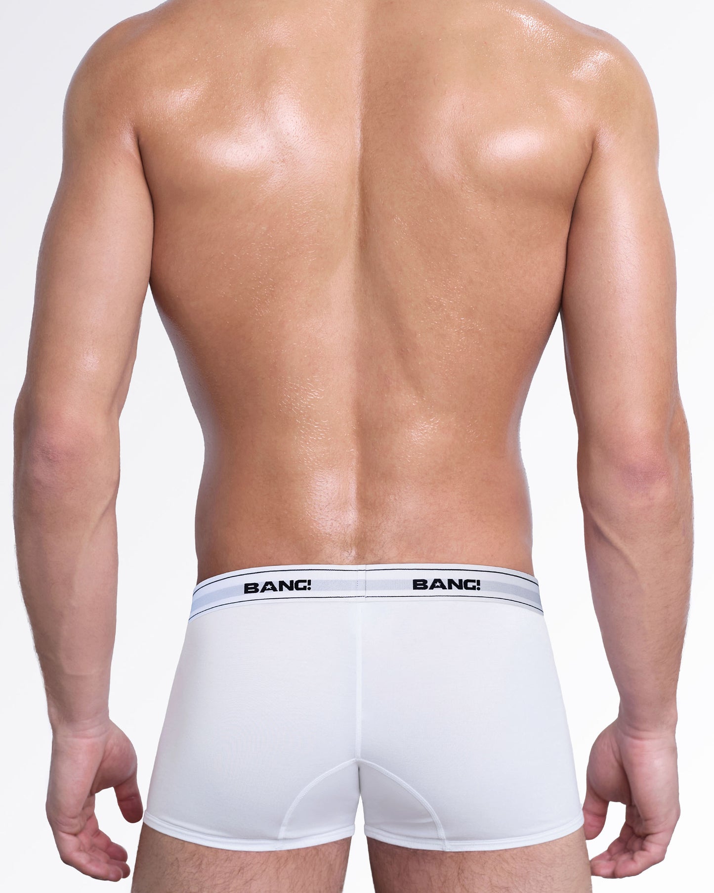 Back view of the Skin Soft Max White boxer briefs by BANG! Miami featuring full-coverage modal cotton fabric, smooth rear fit, and a flexible elastic logo waistband.