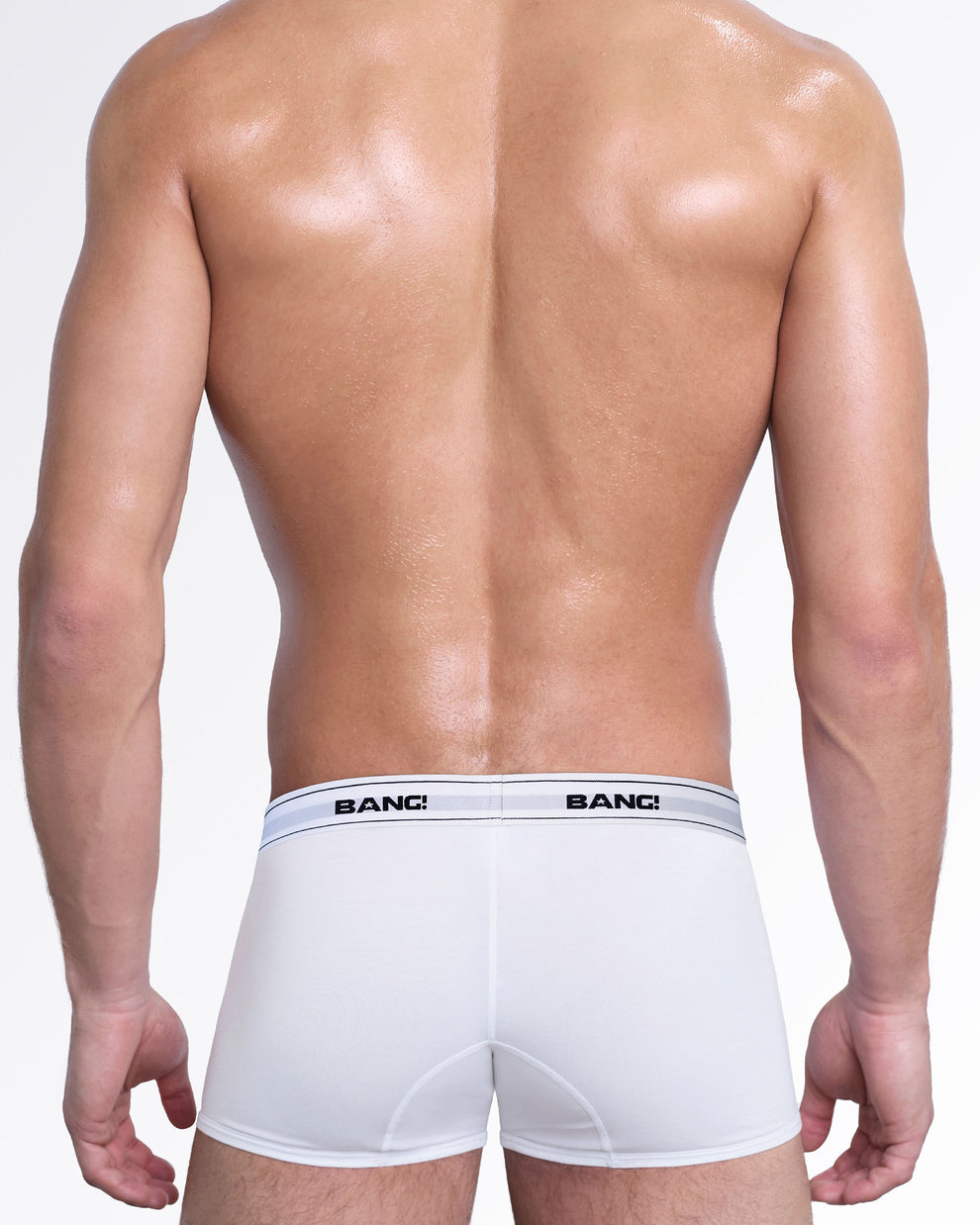 Back view of the Skin Soft Max White boxer briefs by BANG! Miami featuring full-coverage modal cotton fabric, smooth rear fit, and a flexible elastic logo waistband.