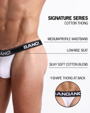 An infographic displays the premium quality of the signature Cotton Thong. It features a medium-profile waistband, low-rise seat, silky soft cotton blend, and Y-shape thong at the back.