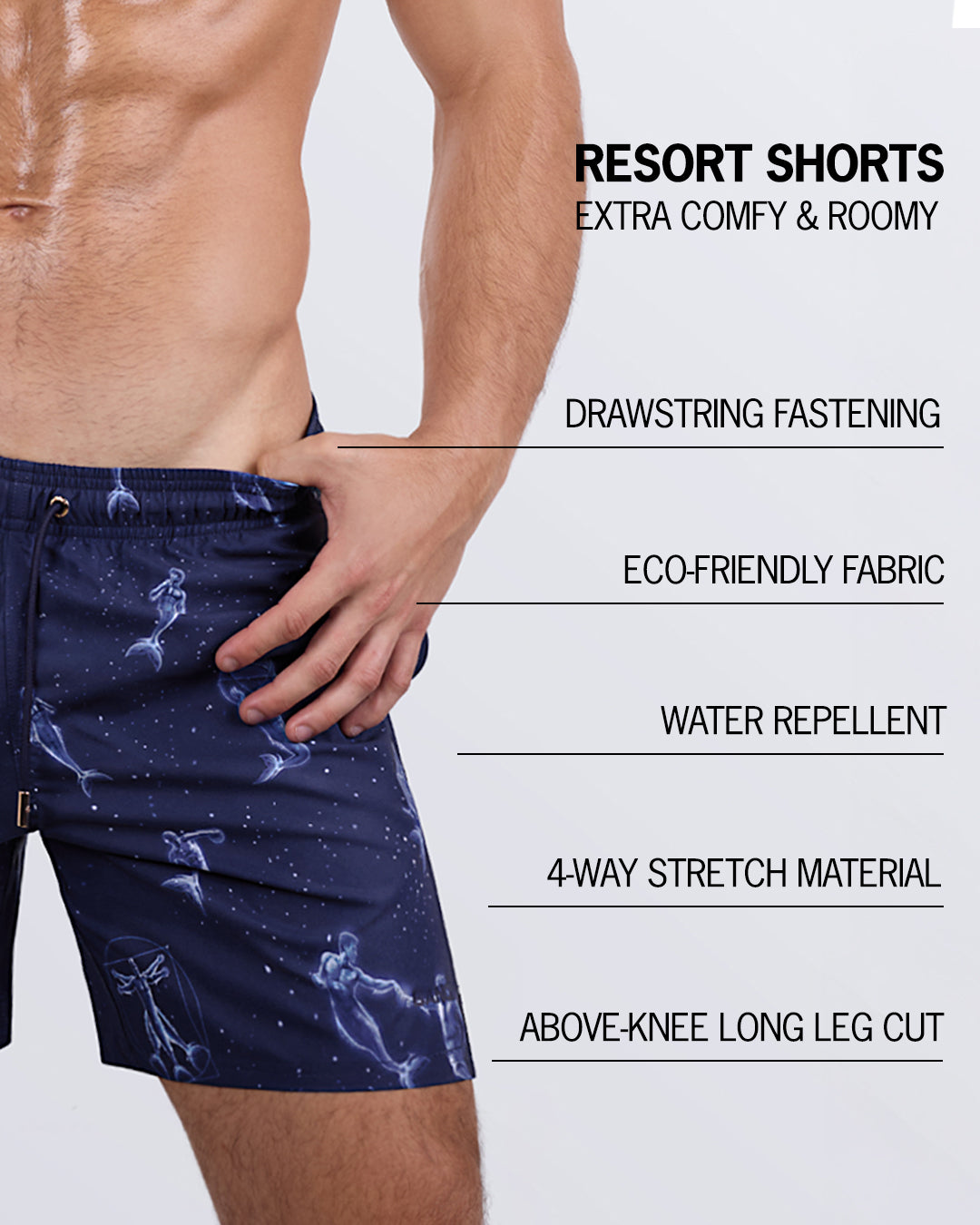 Close-up image emphasizing key features: drawstring fastening, premium fabric, water-repellent technology, and 4-way stretch material for ultimate comfort.