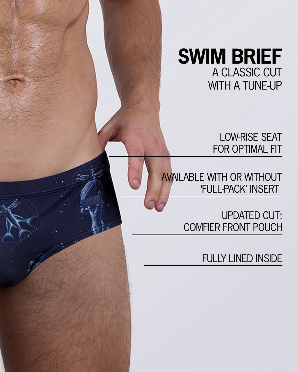 Design highlights of BANG! Swim Briefs – includes optimal low-rise seat, comfier front pouch, and available Full-Pack insert for support and style.
