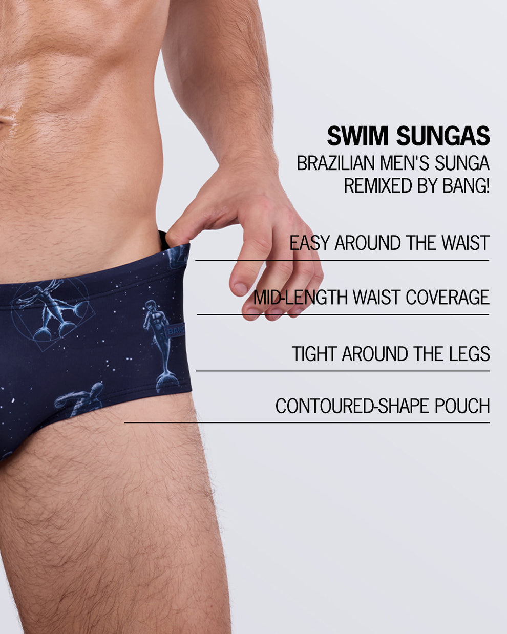 Feature highlights of BANG! Swim Sunga – Brazilian cut with mid-length waist coverage, tight leg fit, and sculpted pouch for sleek support.