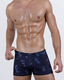 Front view of the MERMEN MASTERS Swim Trunks – midnight navy base featuring ethereal merman artwork inspired by classical sculptures and Renaissance anatomy.