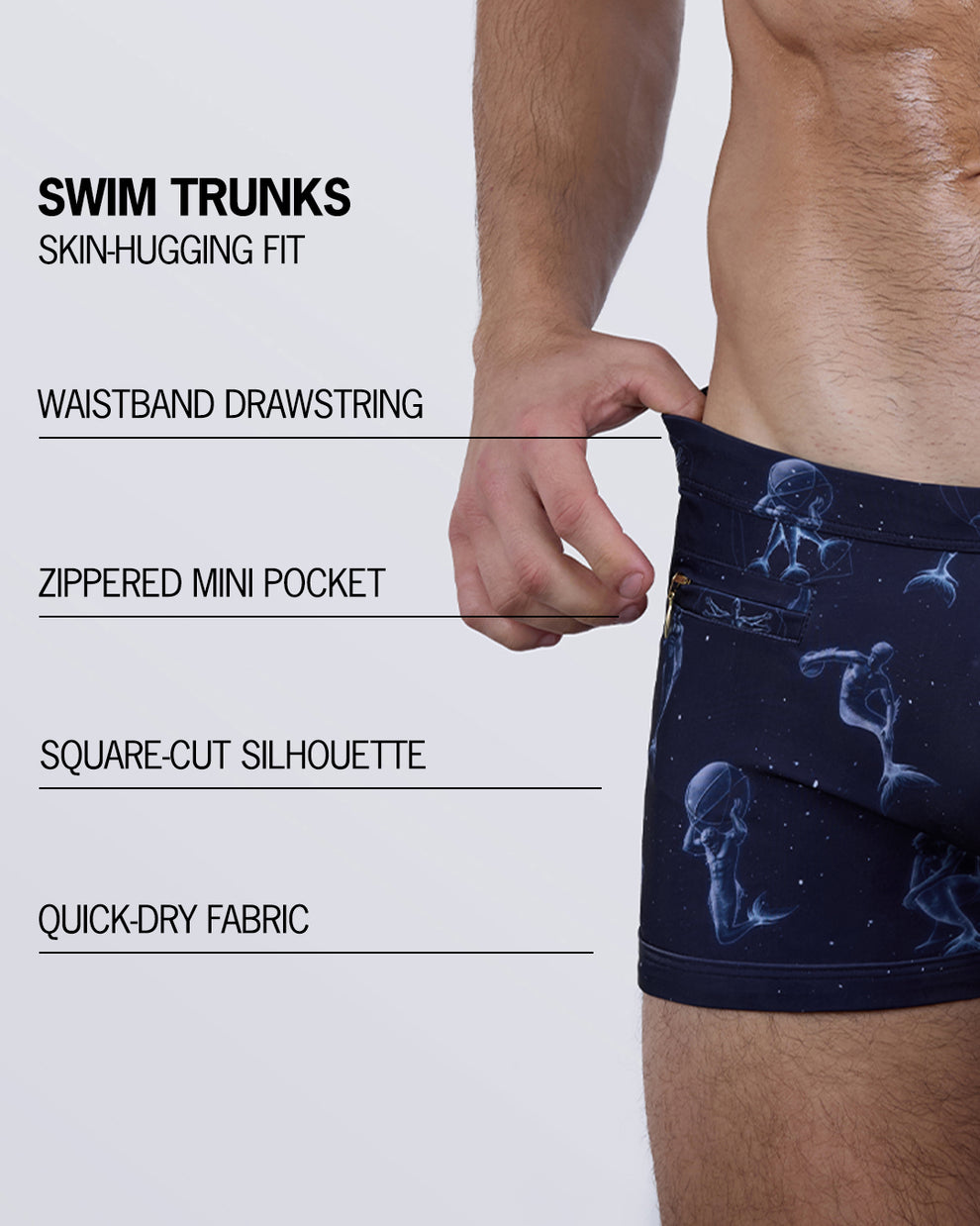 Feature breakdown of the MERMEN MASTERS Swim Trunks – square-cut silhouette with a sculpted fit, gold-accented drawstring waist, mini zip pocket, and quick-drying stretch fabric.