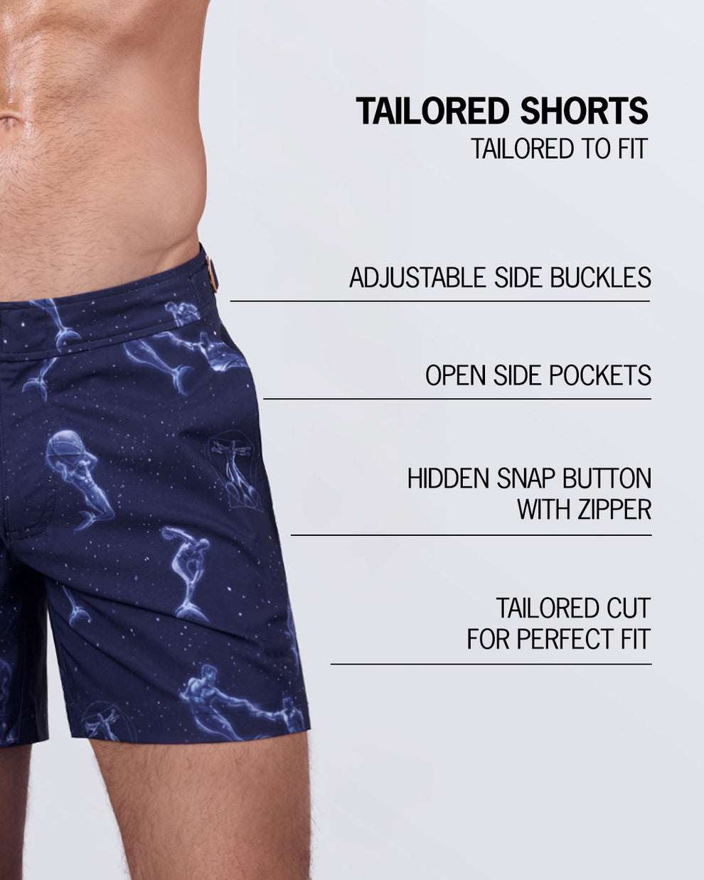 Close-up of the MERMEN MASTERS - Tailored Shorts highlighting key details: adjustable side buckles for a customizable fit, open side pockets for convenience, a hidden snap button with a zipper, and a tailored cut for a sleek and modern fit.