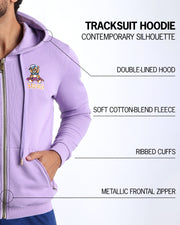 An infographic explaining the features of BANG! Clothes’ Tracksuit Hoodie, including a contemporary silhouette, double-lined hood, soft cotton-blend fleece, ribbed cuffs, and a metallic frontal zipper.
