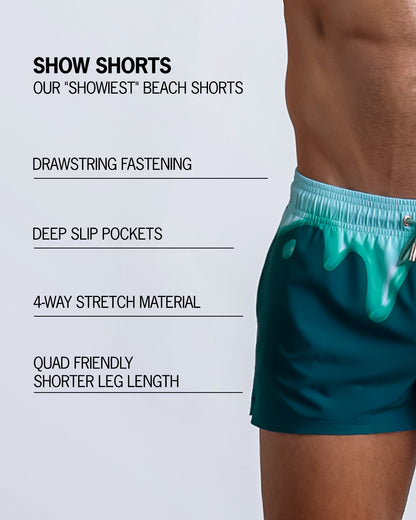 Infographic explaining BANG!'s MINT CONDITION Show Shorts the "showiest" beach shorts. These shorts have drawstring fastening, deep slip pockets, 4-way stretch material, and quad-friendly shorter leg length.