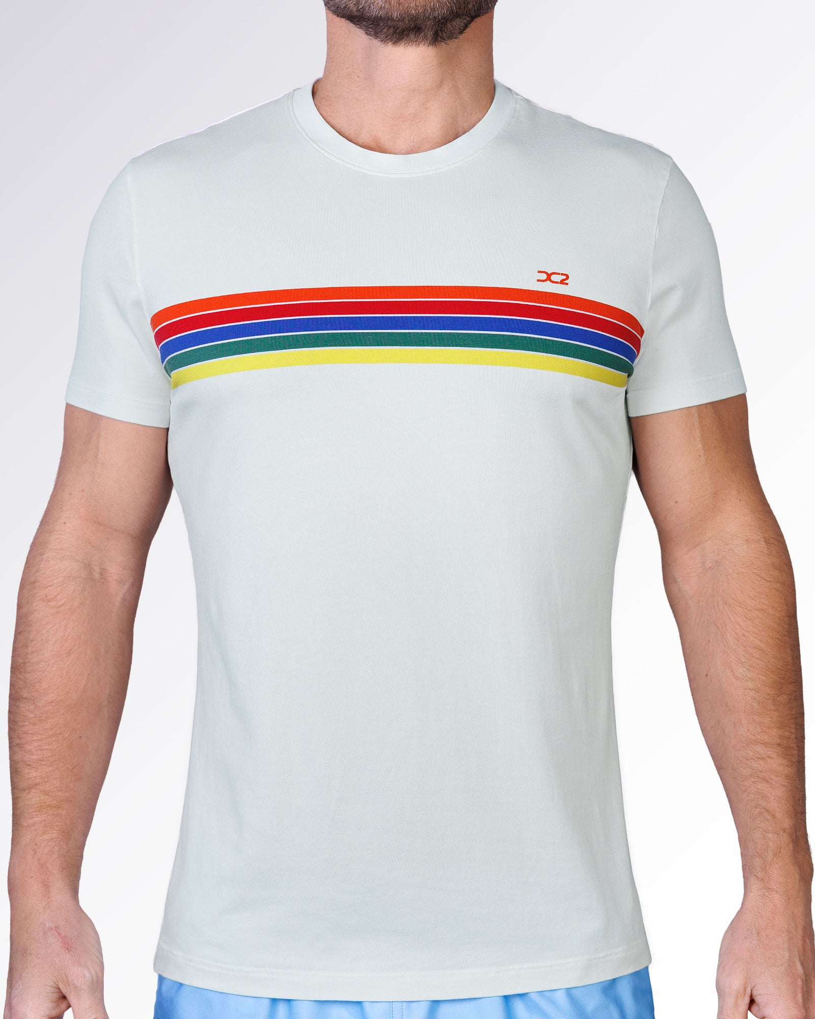 Mixtape Stripes Cotton Graphic T-Shirt by DC2 Miami featuring retro multicolor chest stripes on a soft light gray crewneck tee.