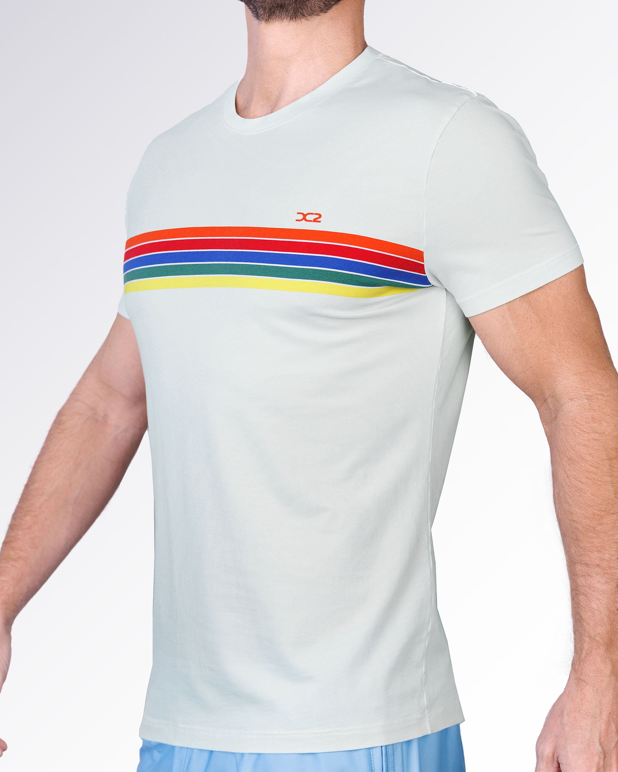 Side profile of the Mixtape Stripes Cotton Graphic T-Shirt by DC2 Miami showcasing vibrant rainbow-inspired stripe detailing.