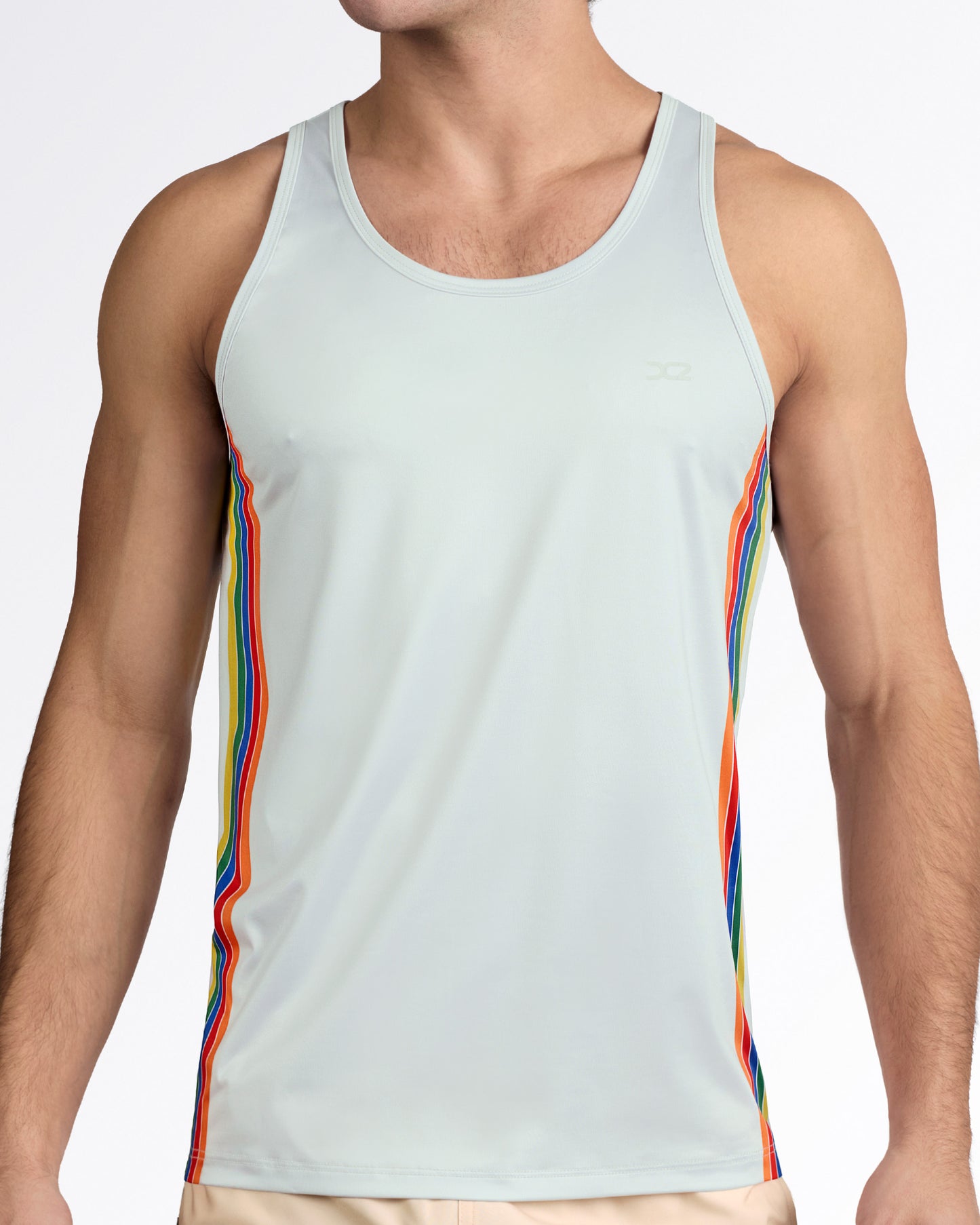DC2 Mixtape Stripes Gym Tank Top — front view highlighting clean minimal chest with subtle DC2 logo and bold rainbow side stripe detail.