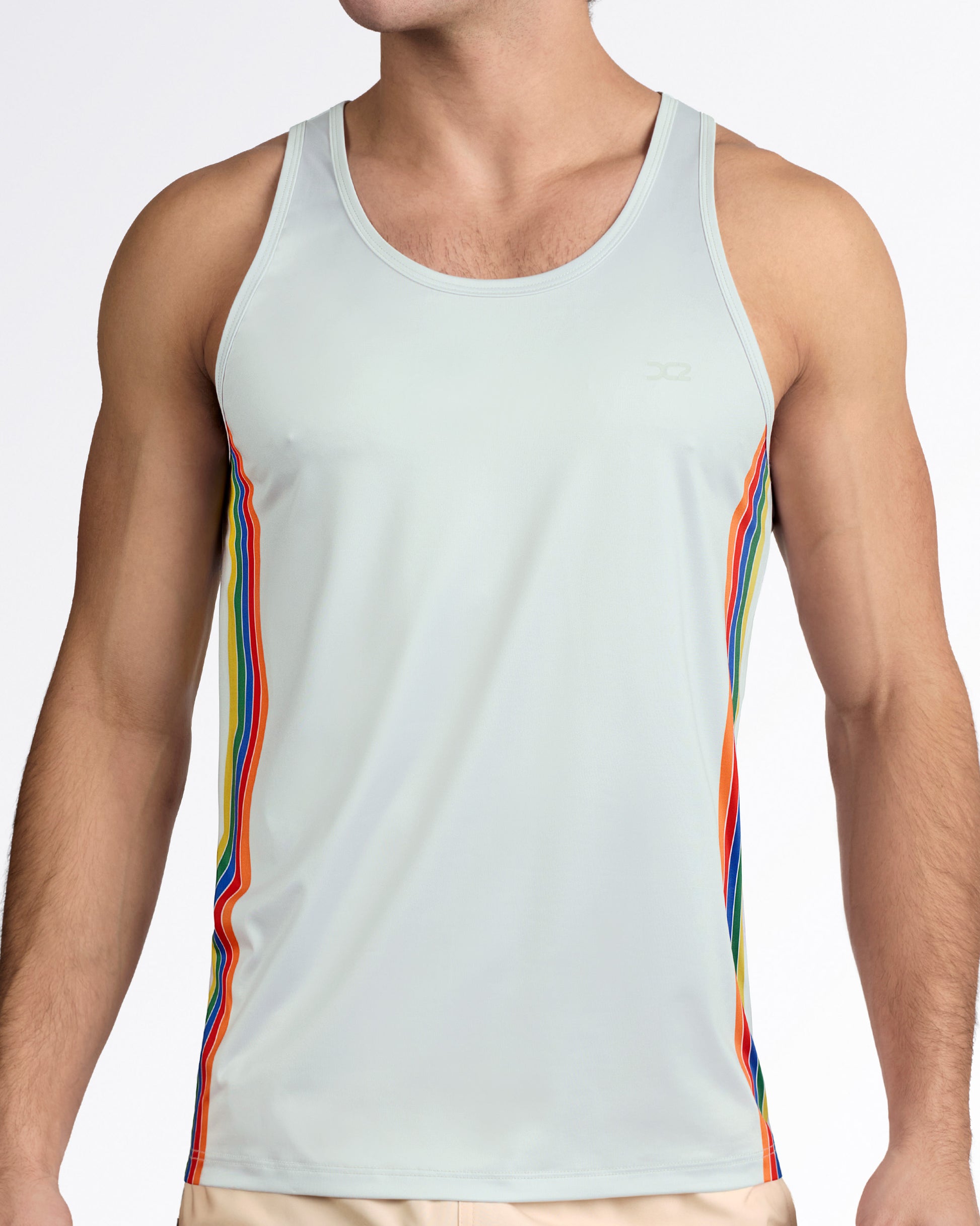 DC2 Mixtape Stripes Gym Tank Top — front view highlighting clean minimal chest with subtle DC2 logo and bold rainbow side stripe detail.