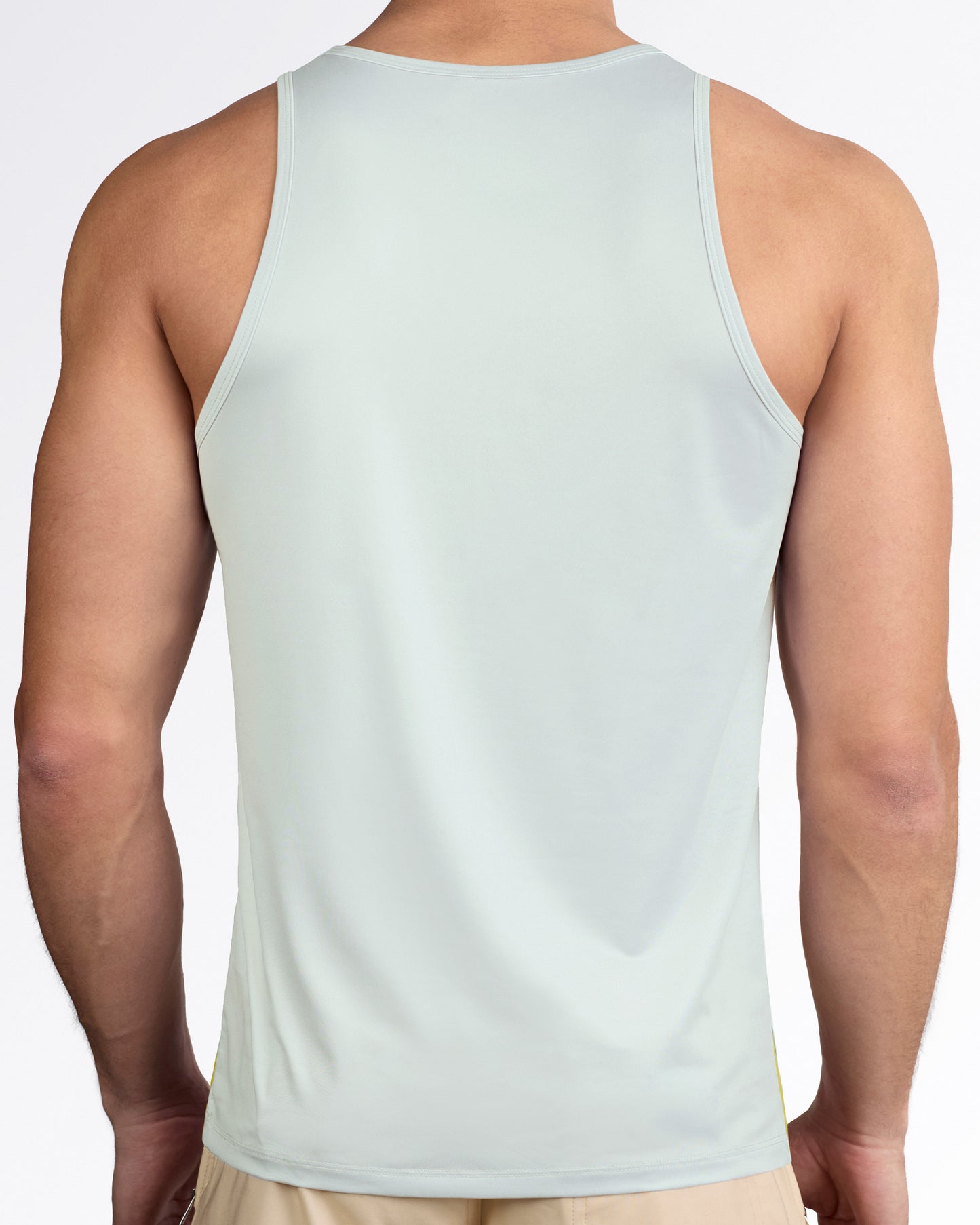 DC2 Mixtape Stripes Gym Tank Top — back view showcasing smooth solid sage panel with athletic racerback cut and tailored fit.