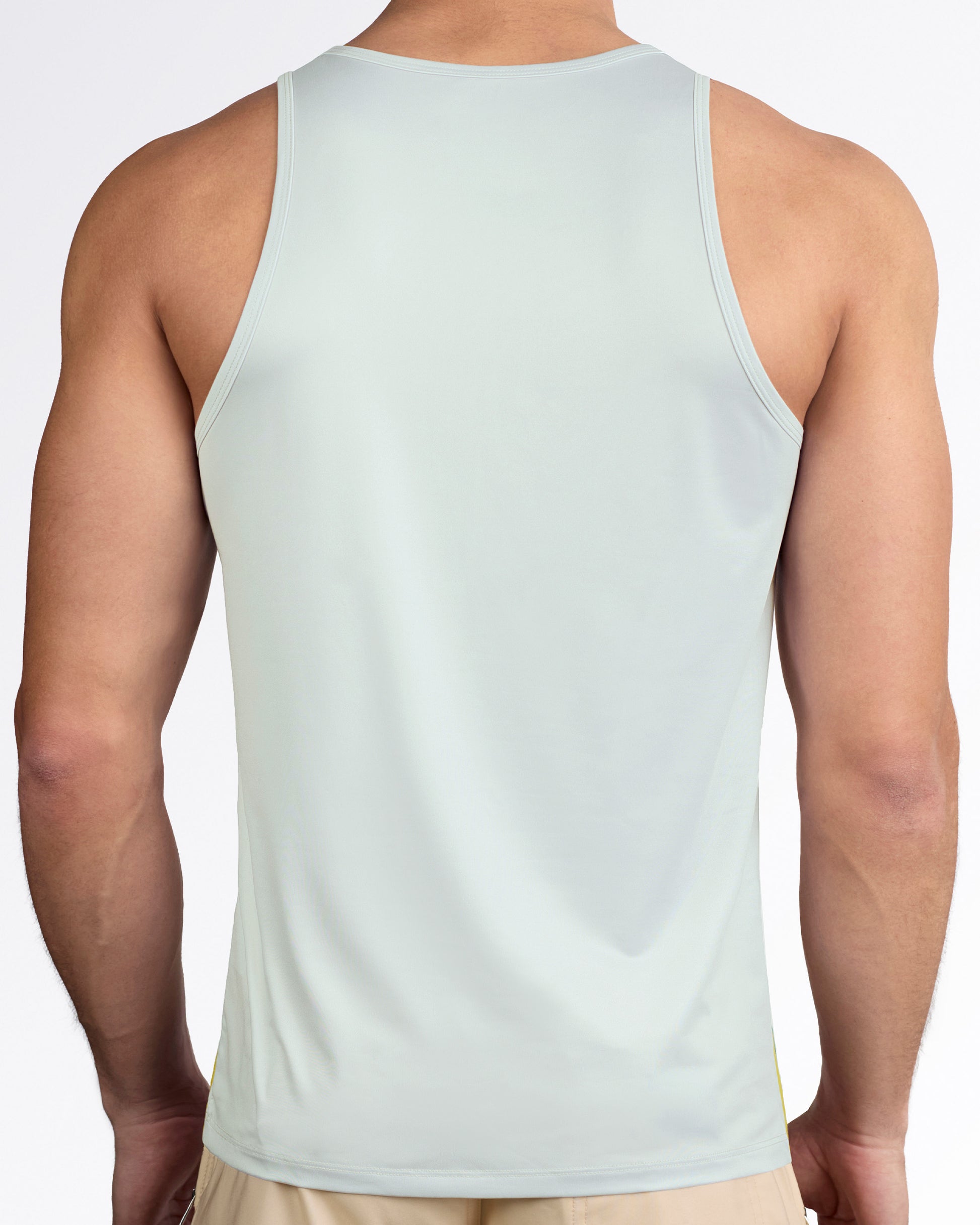 DC2 Mixtape Stripes Gym Tank Top — back view showcasing smooth solid sage panel with athletic racerback cut and tailored fit.