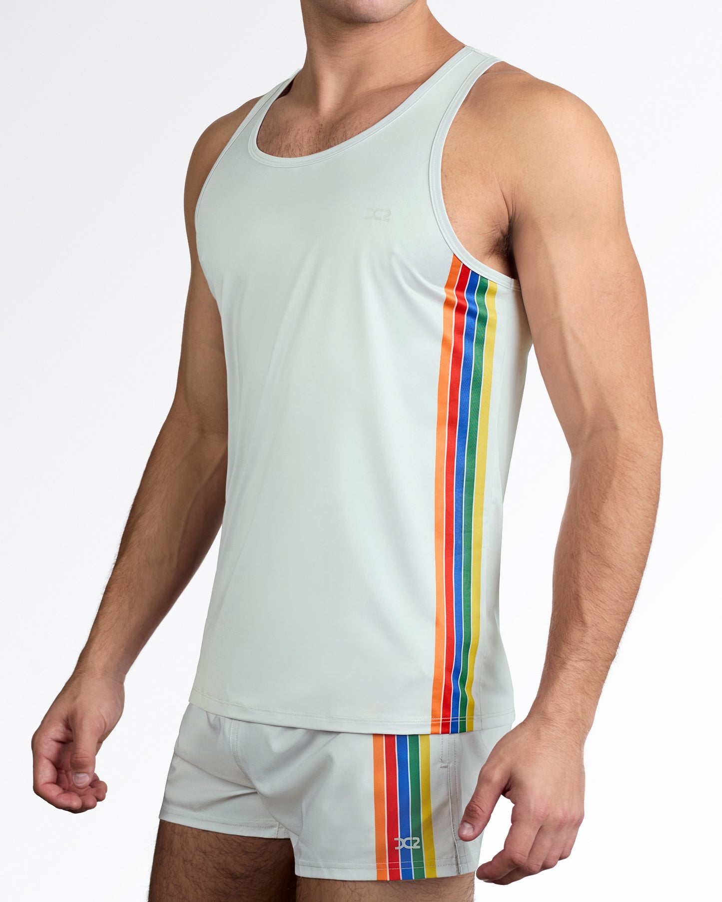 Product detail of DC2 Mixtape Stripes Tank Top — styled with matching Mixtape Stripes shorts, featuring coordinated vertical stripe placement for a complete men’s Summer beachwear set.