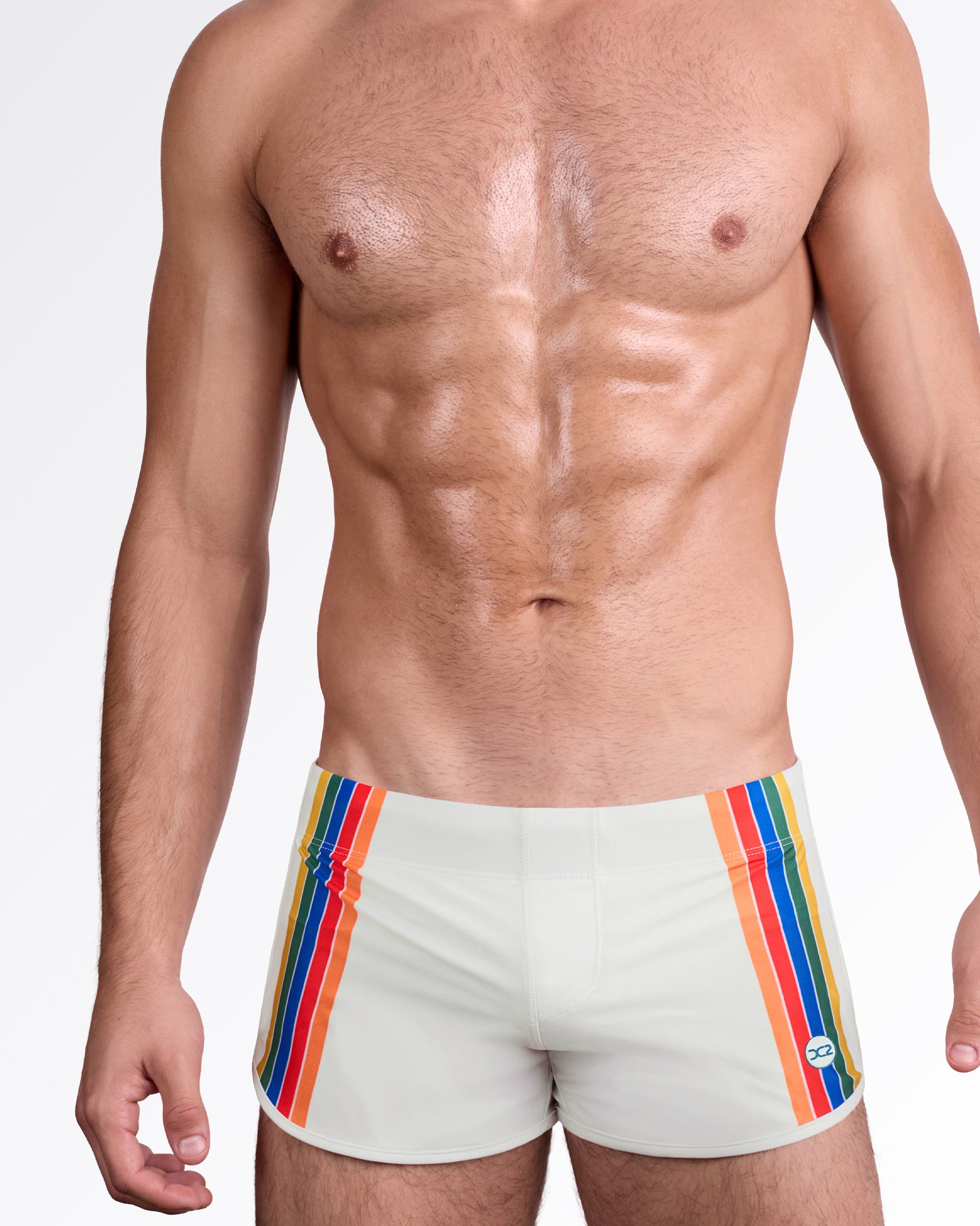 DC2 Mixtape Stripes — model wearing Mixtape Stripes Swim Shorts featuring soft sand base with bold multicolor vertical stripe panels along each side.