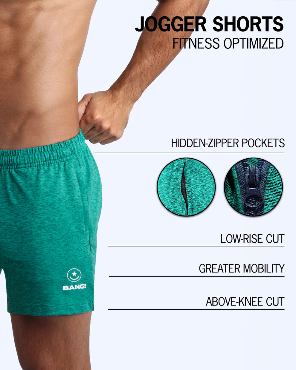 The BANG! MOBILITEAL Jogger Shorts - designed with sweat-wicking fabric to keep you cool and dry, hidden zipper pockets to keep your essentials safe, a low-rise cut for a comfortable fit, and an above-knee length for maximum mobility. 