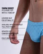 Infographic explaining the classic cut with a tune-up MONO BLUE Swim Brief by DC2. These men swimsuit is low-rise seat for optimal fit, available with or without 'Full-Pack' insert, comfier front pouch, and fully lined inside.