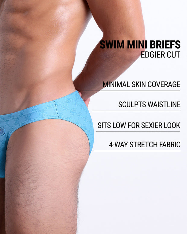 Infographic explaining the edgier cut of the Swim Mini Briefs. Features sculpt waitline, 4-way stretch fabric, sits low for sexier look, and has quick-dry material.
