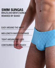 Infographic explaining the Brazilian Men's Swim Sunga remixed by BANG! These Swim Sunga are easy around the waist, are mid-length waist coverage, are tight aroung the legs, and have contoured-shape pouch.