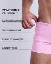 Infographic explaining the Swim Trunks swimming shorts by DC2. These Swim Trunks have a skin-hugging fit, have separate waistband construction, zippered mini pocket, square-cut form-fitting silhouette and quick-dry fabric.