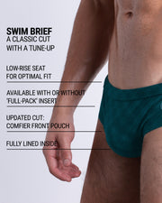 Infographic explaining the classic cut with a tune-up MONO TEAL Swim Brief by DC2. These men swimsuit is low-rise seat for optimal fit, available with or without 'Full-Pack' insert, comfier front pouch, and fully lined inside.