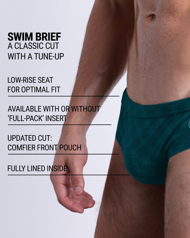 Infographic explaining the classic cut with a tune-up MONO TEAL Swim Brief by DC2. These men swimsuit is low-rise seat for optimal fit, available with or without &
