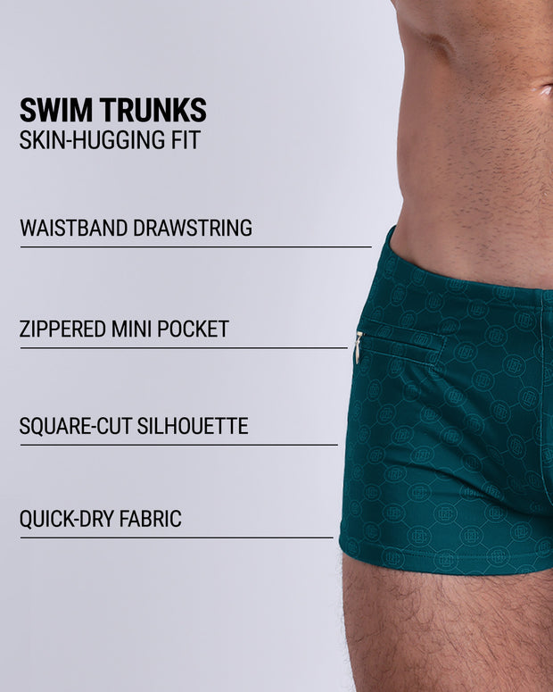 Infographic explaining the Swim Trunks swimming shorts by DC2. These Swim Trunks have a skin-hugging fit, have separate waistband construction, zippered mini pocket, square-cut form-fitting silhouette and quick-dry fabric.