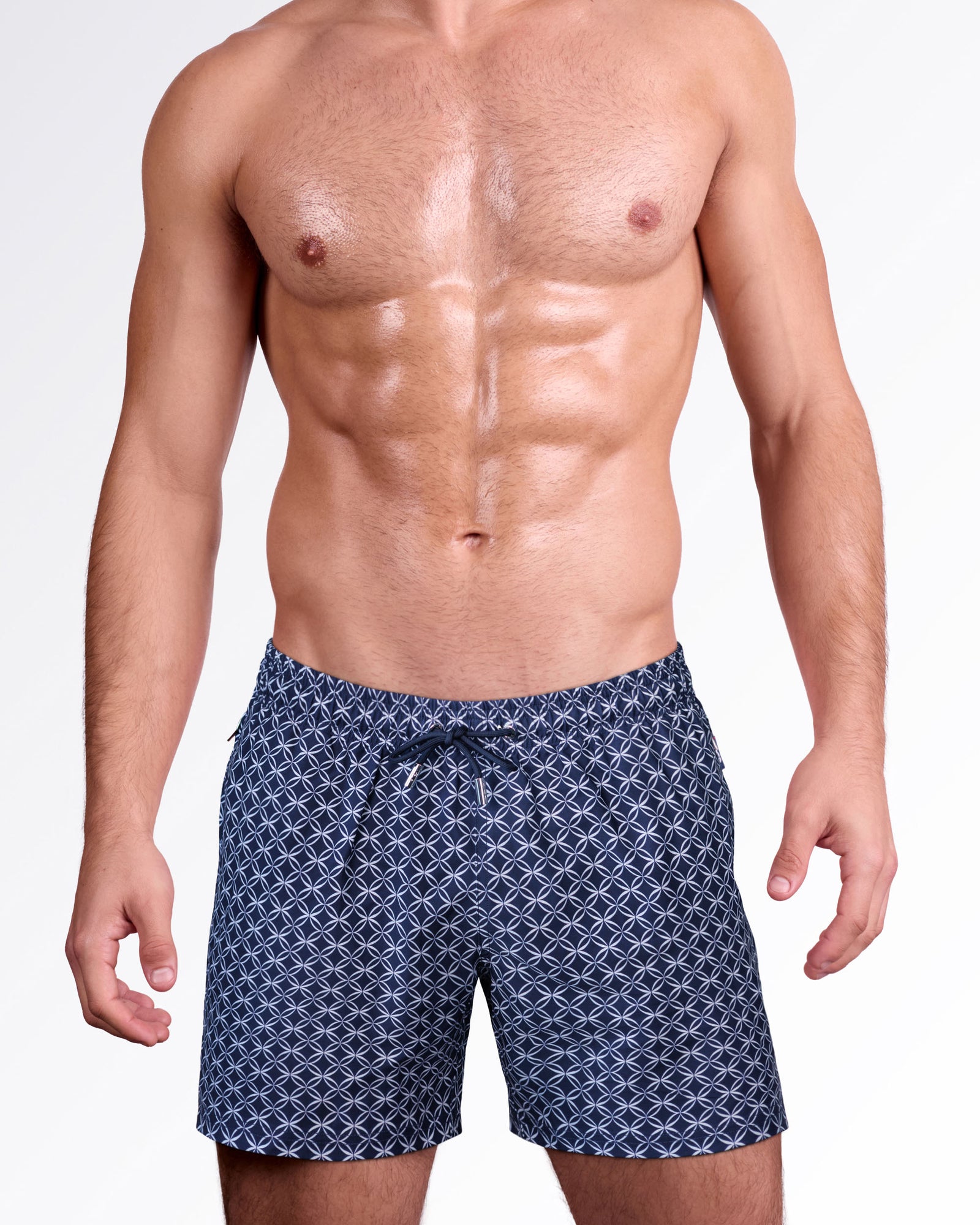 Mono Waves Blue Resort Shorts by DC2 Miami featuring an all-over geometric wave print in navy and white with an adjustable drawstring waist.