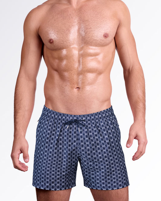Mono Waves Blue Resort Shorts by DC2 Miami featuring an all-over geometric wave print in navy and white with an adjustable drawstring waist.